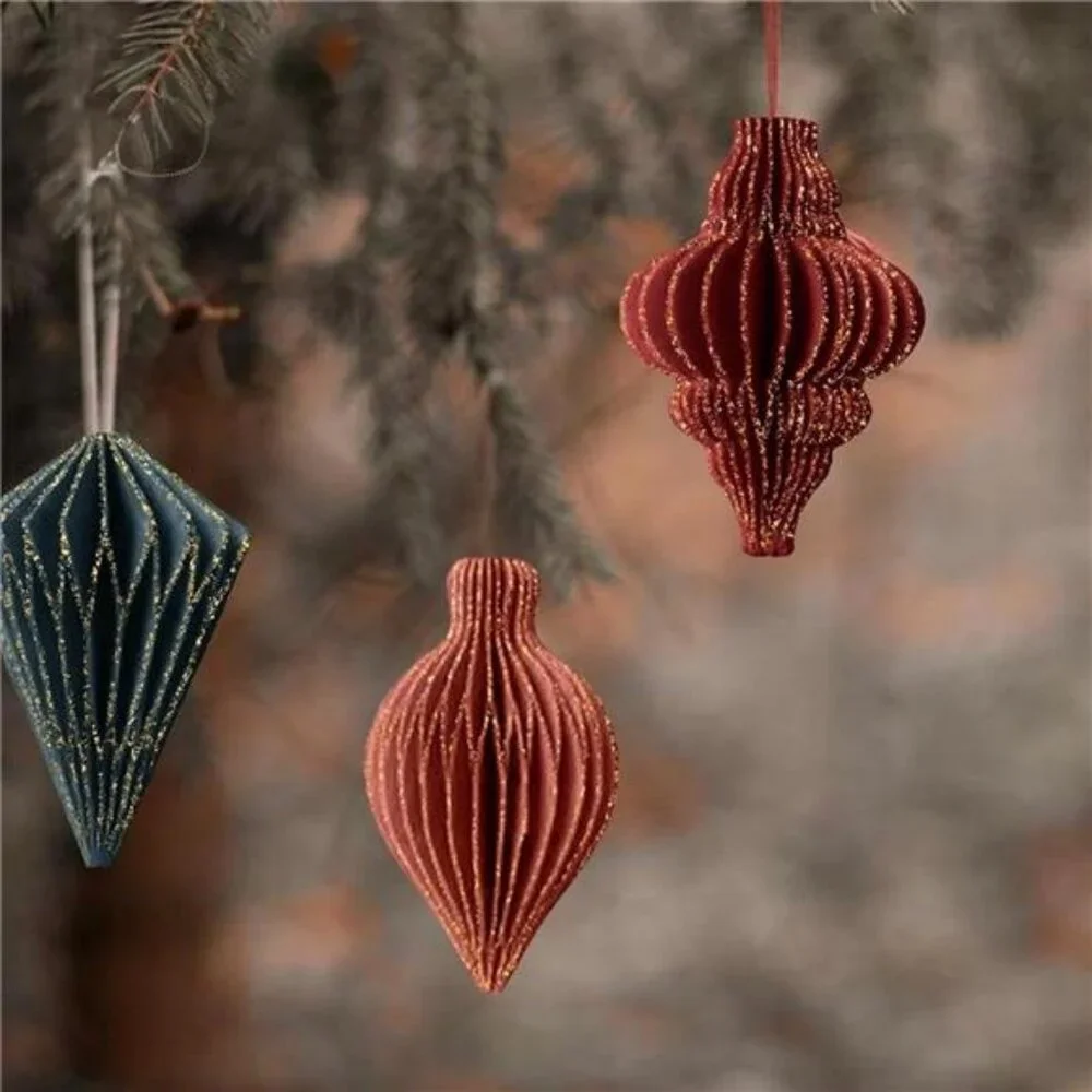 NEW West Elm 6 Piece Boho Glitter Paper Christmas Tree Ornaments Set Decor - 3